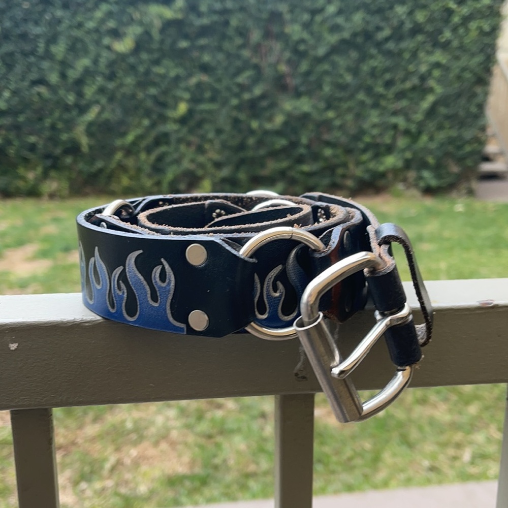 🦋 Blue Flames 🔥 on Black Leather - The ✨Ultimate✨ Y2K Belt Sz: L